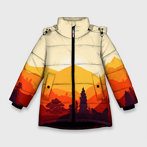Зимняя куртка для девочки Горы закат пейзаж лиса арт / 3D-Черный – фото 1