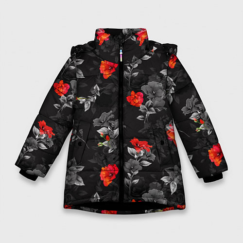 Зимняя куртка для девочки Красные цветы / 3D-Черный – фото 1