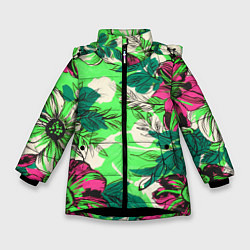 Куртка зимняя для девочки Цветы в неоне, цвет: 3D-черный