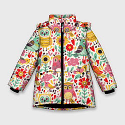 Куртка зимняя для девочки Красочные совы и цветы, цвет: 3D-черный