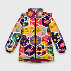 Куртка зимняя для девочки Тропические соты, цвет: 3D-красный