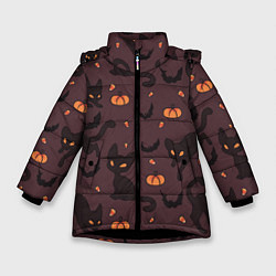 Куртка зимняя для девочки Хэллоуиновский кот, цвет: 3D-черный