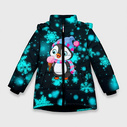 Зимняя куртка для девочки Новогодний пингвин / 3D-Черный – фото 1