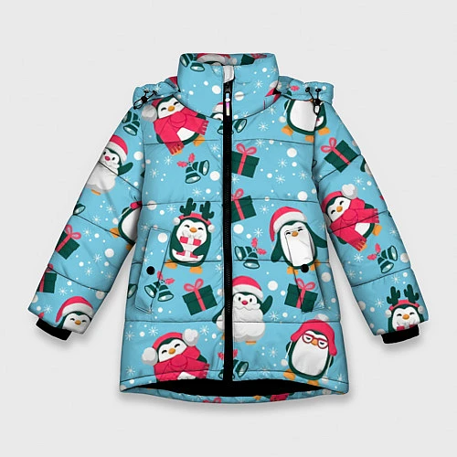 Зимняя куртка для девочки Новогодние Пингвины / 3D-Черный – фото 1