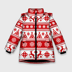 Куртка зимняя для девочки Новый Год Олени и снежинки, цвет: 3D-черный