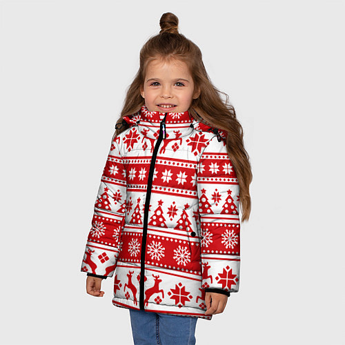 Зимняя куртка для девочки Новый Год Олени и снежинки / 3D-Красный – фото 3