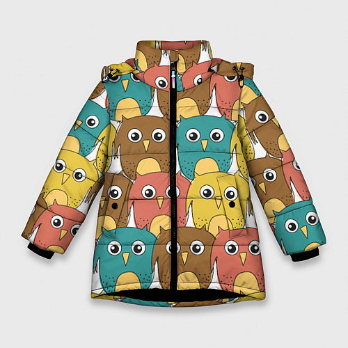 Зимняя куртка для девочки Разноцветные совы / 3D-Черный – фото 1