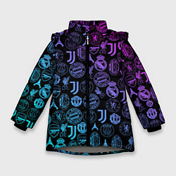 Куртка зимняя для девочки ЛОГО ФУТБОЛЬНЫХ КОМАНД НЕОН, цвет: 3D-светло-серый