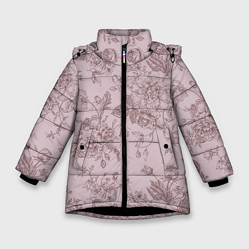 Зимняя куртка для девочки Розы с пионами / 3D-Черный – фото 1