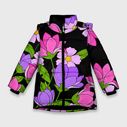 Куртка зимняя для девочки Ночные цветы, цвет: 3D-черный