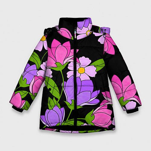 Зимняя куртка для девочки Ночные цветы / 3D-Черный – фото 1