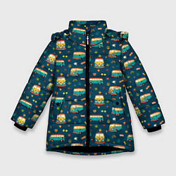 Куртка зимняя для девочки Фургоны хиппи, цвет: 3D-черный