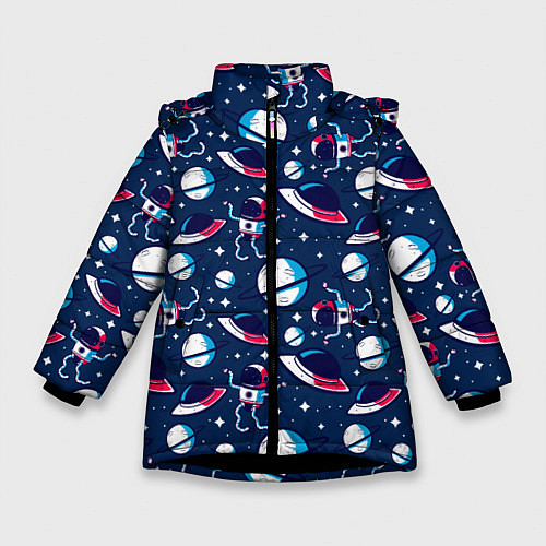 Зимняя куртка для девочки Космонавты, планеты и нло / 3D-Черный – фото 1