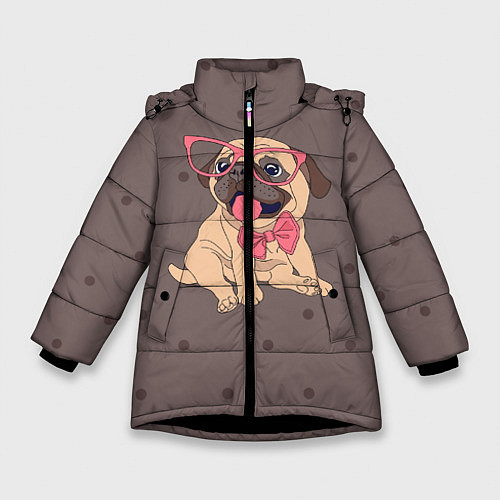 Зимняя куртка для девочки Мопс в очках / 3D-Черный – фото 1