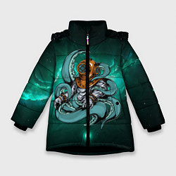 Куртка зимняя для девочки Осьминог напал на водолаза, цвет: 3D-черный