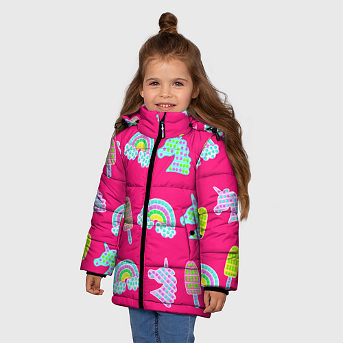 Зимняя куртка для девочки Pop it радуга и единорог / 3D-Красный – фото 3