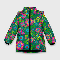 Куртка зимняя для девочки Поле разноцветных цветков, цвет: 3D-черный