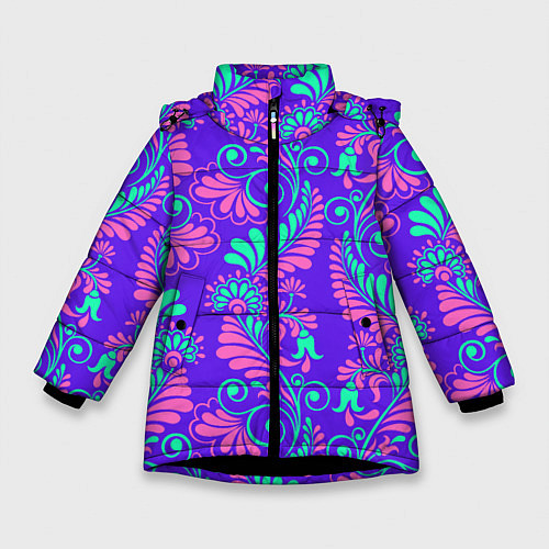 Зимняя куртка для девочки Яркий цветочный узор / 3D-Черный – фото 1