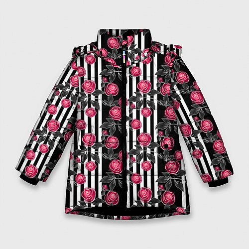 Зимняя куртка для девочки Акварельные розы на полосатом / 3D-Черный – фото 1