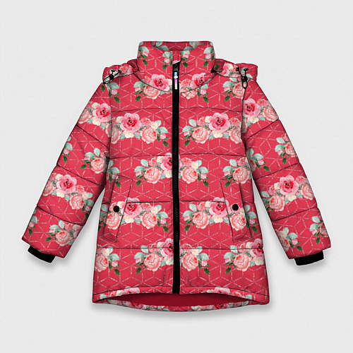 Зимняя куртка для девочки Красные розы паттерн / 3D-Красный – фото 1