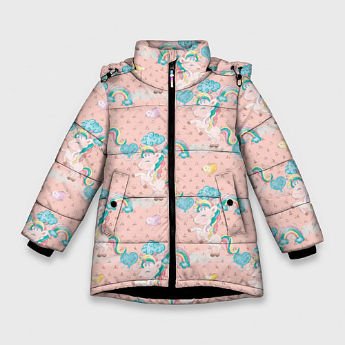 Зимняя куртка для девочки Единороги из паттерна / 3D-Черный – фото 1