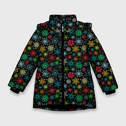 Куртка зимняя для девочки Разноцветные Снежинки, цвет: 3D-черный
