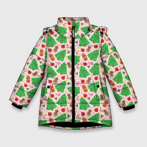 Зимняя куртка для девочки Новогодние ёлки и подарки / 3D-Черный – фото 1