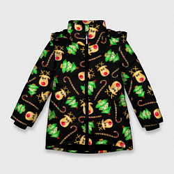 Куртка зимняя для девочки Олени, елки и карамель, цвет: 3D-черный