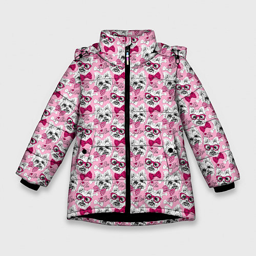 Зимняя куртка для девочки Йоркширский Терьер на Розовом Фоне / 3D-Черный – фото 1