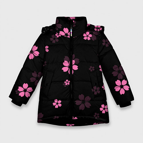 Зимняя куртка для девочки САКУРА ВИШНЯ ЛЕПЕСТКИ / 3D-Черный – фото 1