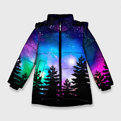 Зимняя куртка для девочки Космический лес, елки и звезды