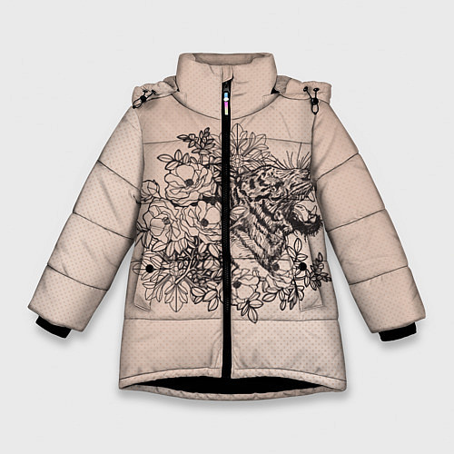 Зимняя куртка для девочки Татуировка тигра в цветах / 3D-Черный – фото 1