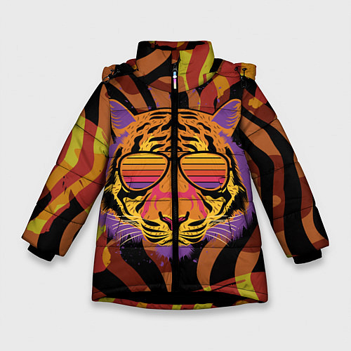 Зимняя куртка для девочки Крутой тигр в очках ретро / 3D-Черный – фото 1