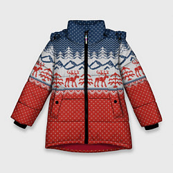 Куртка зимняя для девочки ВЯЗАНЫЙ УЗОР С ОЛЕНЯМИ, цвет: 3D-красный