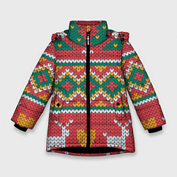 Куртка зимняя для девочки Вязаные олени в узоре, цвет: 3D-черный