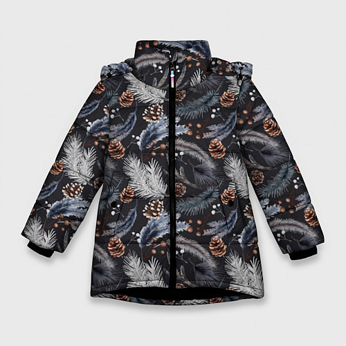 Зимняя куртка для девочки Узор из еловых веток и шишек Акварельный рисунок / 3D-Черный – фото 1