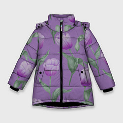 Зимняя куртка для девочки Фиолетовые тюльпаны с зелеными листьями