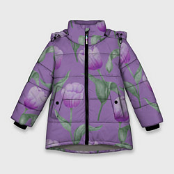 Куртка зимняя для девочки Фиолетовые тюльпаны с зелеными листьями, цвет: 3D-светло-серый