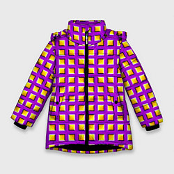 Куртка зимняя для девочки Фиолетовый Фон с Желтыми Квадратами Иллюзия Движен, цвет: 3D-черный