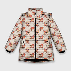 Куртка зимняя для девочки Зима снегири, цвет: 3D-черный