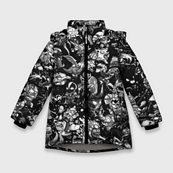 Куртка зимняя для девочки DOTA 2 ВСЕ ПЕРСОНАЖИ ЧЁРНО БЕЛЫЙ, цвет: 3D-светло-серый