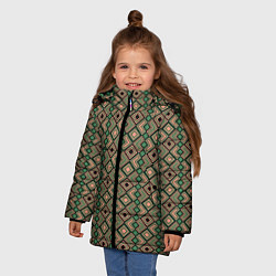 Куртка зимняя для девочки Абстракция из черных, зеленых и бежевых квадратов, цвет: 3D-черный — фото 2