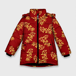 Куртка зимняя для девочки Золотые веточки на ярко красном фоне, цвет: 3D-черный