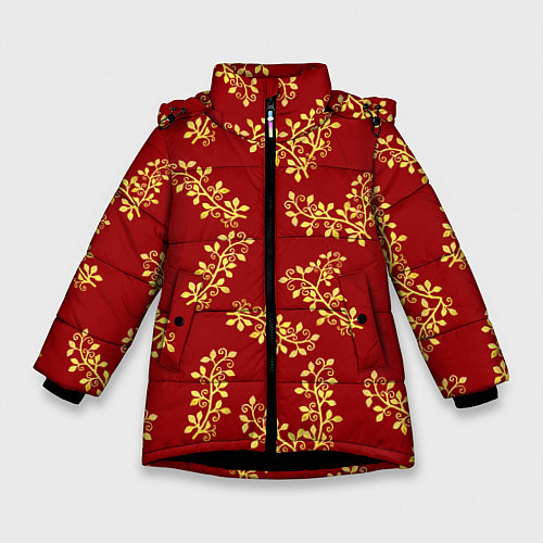 Зимняя куртка для девочки Золотые веточки на ярко красном фоне / 3D-Черный – фото 1