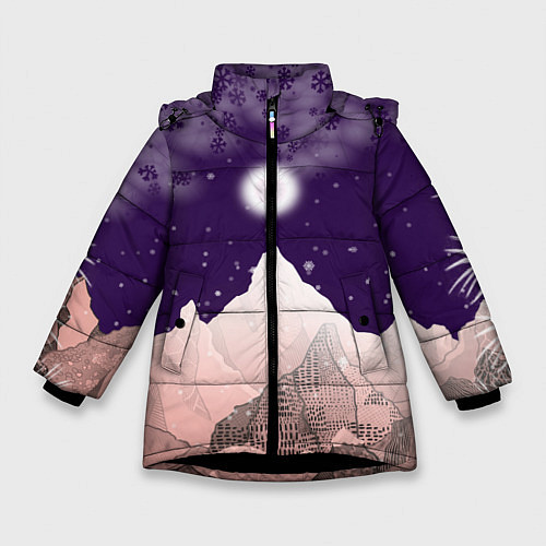 Зимняя куртка для девочки Зимнее лунное небо в горах со снегопадом / 3D-Черный – фото 1