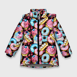 Куртка зимняя для девочки Узор из сладостей на черном фоне, цвет: 3D-светло-серый