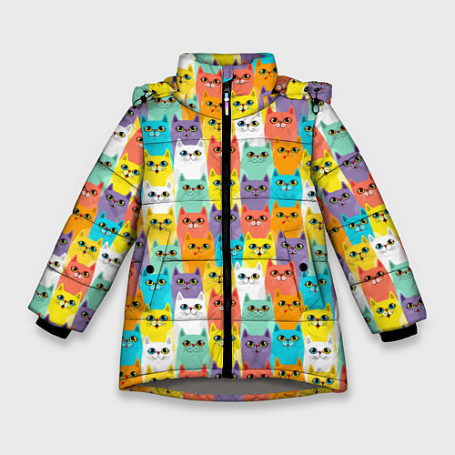 Зимняя куртка для девочки Разноцветные Мультяшные Котики / 3D-Светло-серый – фото 1