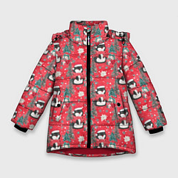 Зимняя куртка для девочки Пингвины красный паттерн