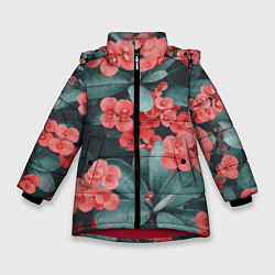 Куртка зимняя для девочки Красивые Цветы на Зеленом дереве, цвет: 3D-красный
