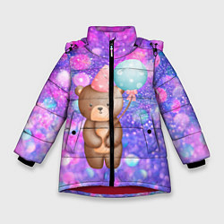 Куртка зимняя для девочки День Рождения - Медвежонок с шариками, цвет: 3D-красный